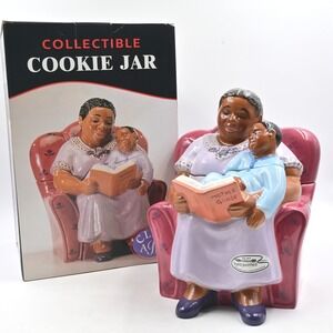 Clay Art Bedtime Story Ceramic Cookie Jar Woman Reading To Child Vintage NIB